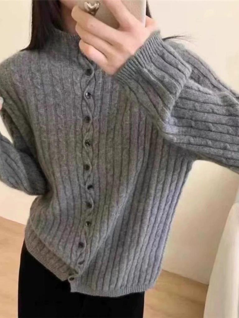 Button-Up Cable Knit Half-High Collar Sweater Cardigan