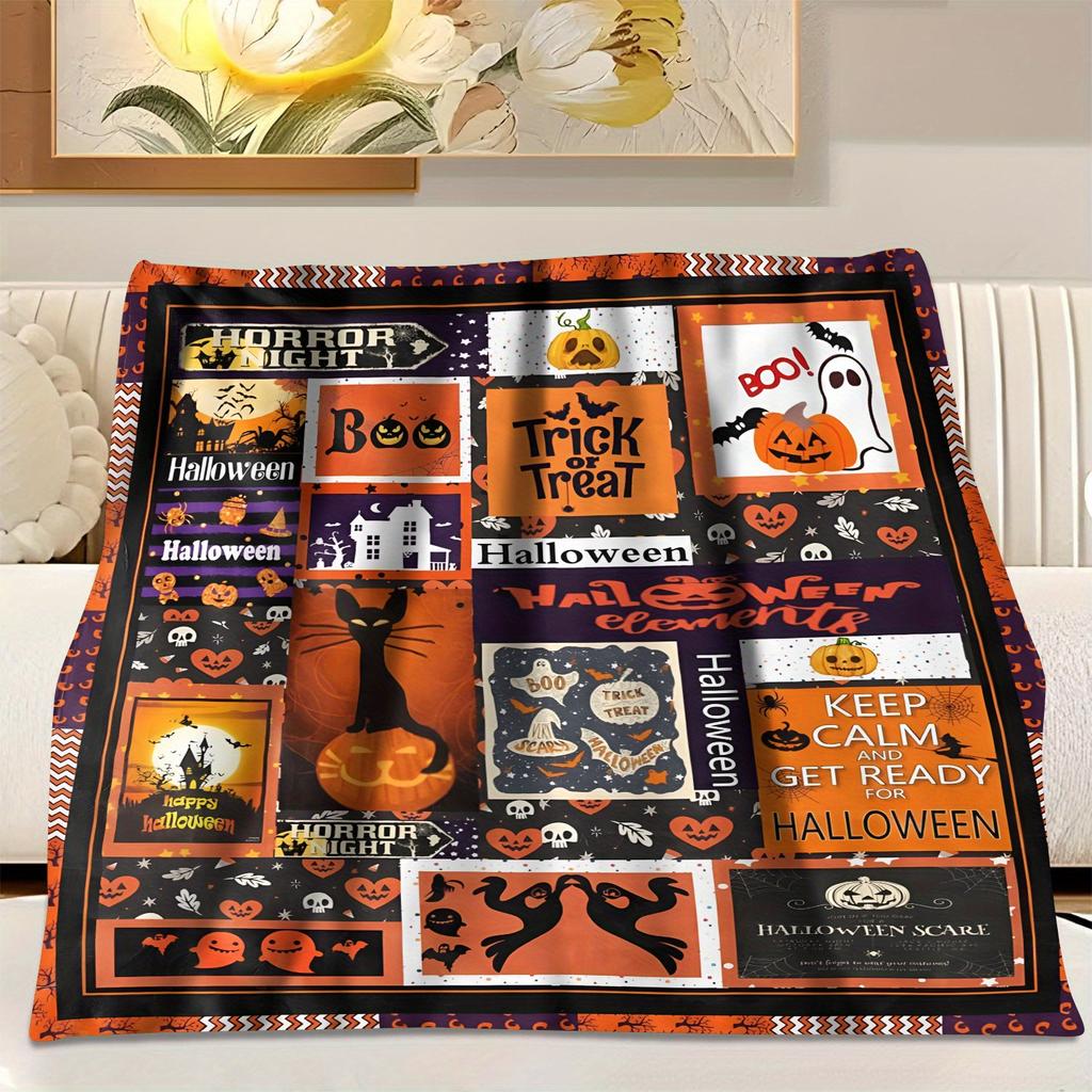 Flannel Halloween Blanket Vibrant Halloween Motifs Print Flannel Blanket For Adding Spooky Charm To Home Stylish Durable