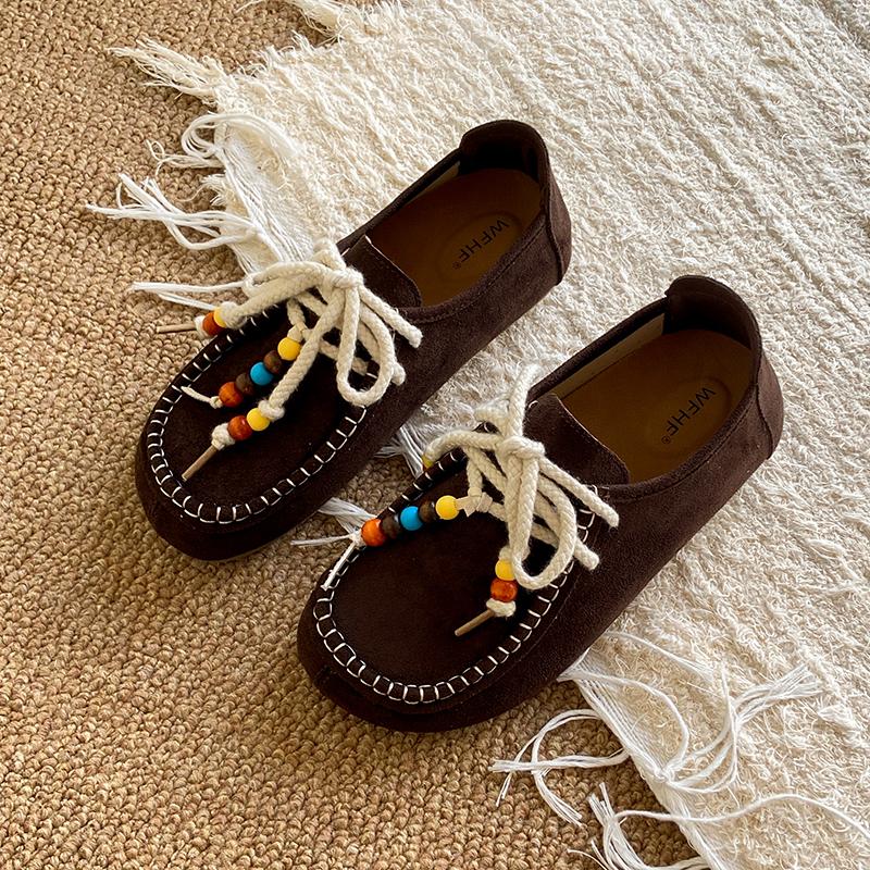 Women's Flat Shoes Round Toe Lace-up String Bead Increased Internal Shoes Retro Suede High-heeled Spring and Autumn Single Shoes