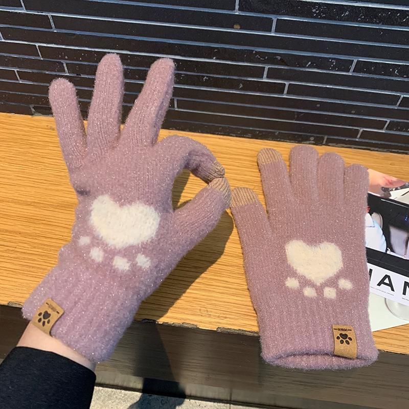 Gloves for Women In Winter, Thickened and Warm, Touch-screen Knitted, Cute, Plush, Wool, Cycling, Cold-proof, Split-fingered Students, Winter