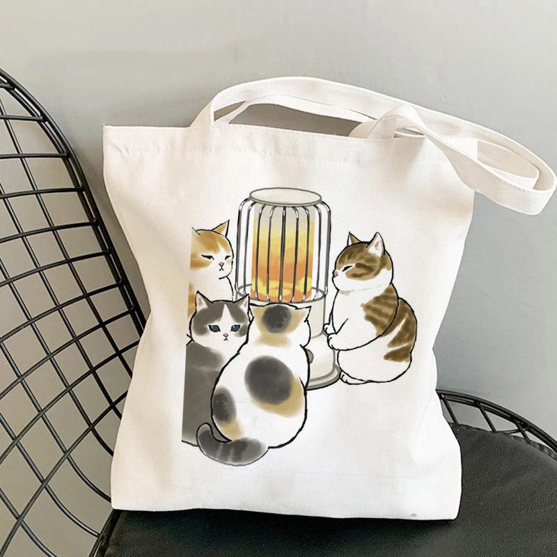 Whimsical Cat On Bicycle Canvas Shoulder Tote - Cute Print for Students and Shopping
