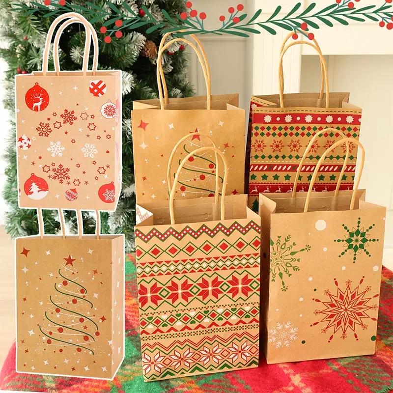 12pcs Christmas Snowflake Kraft Paper Bags with Handles Biscuit Candy Packaging Bag Xmas Tree Gift Pouch Home Decor Xmas Party