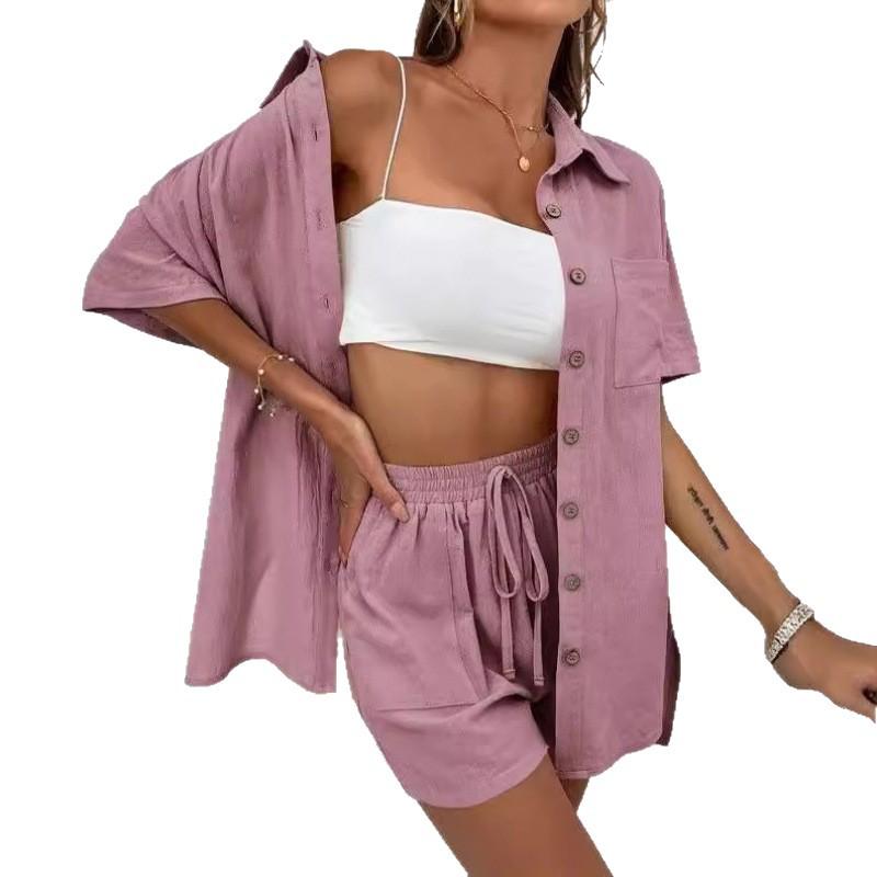 Women's Casual Solid Color Two-Piece Set: Short-Sleeved Shirt & Loose Shorts