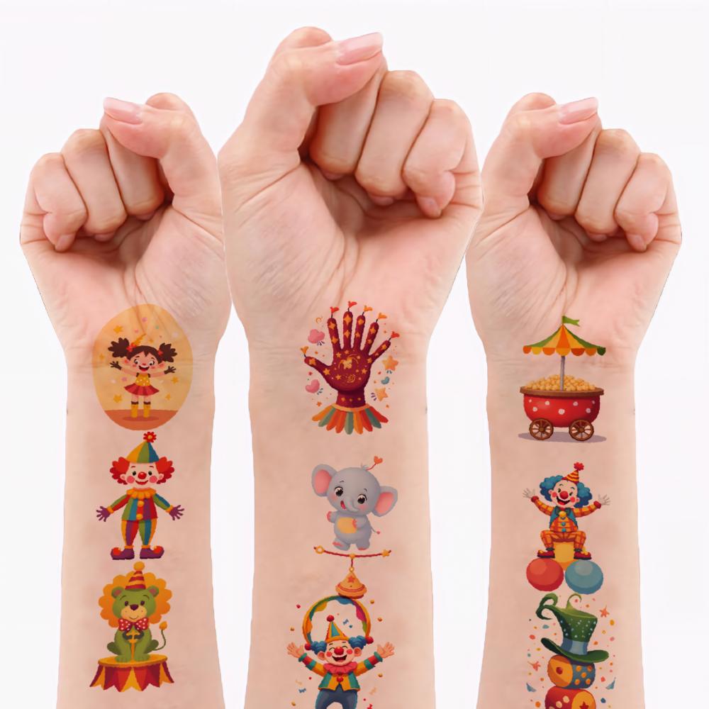 54 peças Tatuagem Temporária Personagens de Circo Adesivos de Tatuagem Temporária Elefantes Fofos Desenho Animado Para Meninas Crianças Homens
