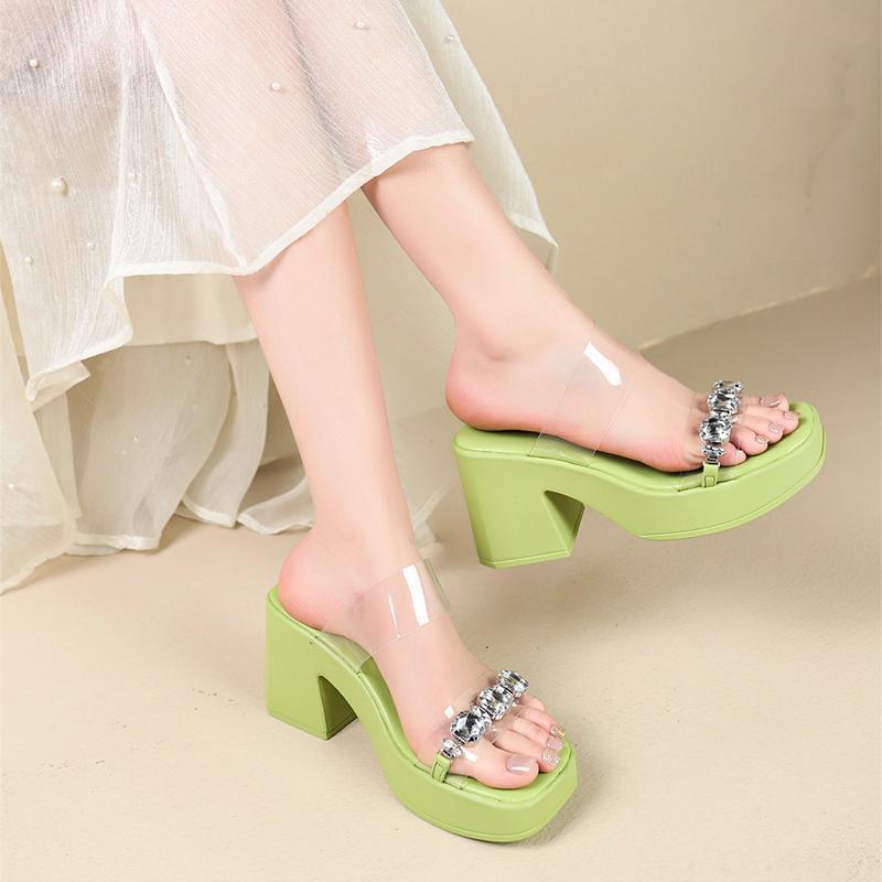 Fashion Square Heel Sandals Summer New Square Head Sequin Waterproof Platform Transparent Strap Anti-slip Wear-resistant High Heels