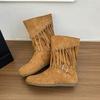 Thick Heel Retro Western Cowboy Boots Women's 2025 New Wear Fashion Medium Tube Fringed Knight Boots