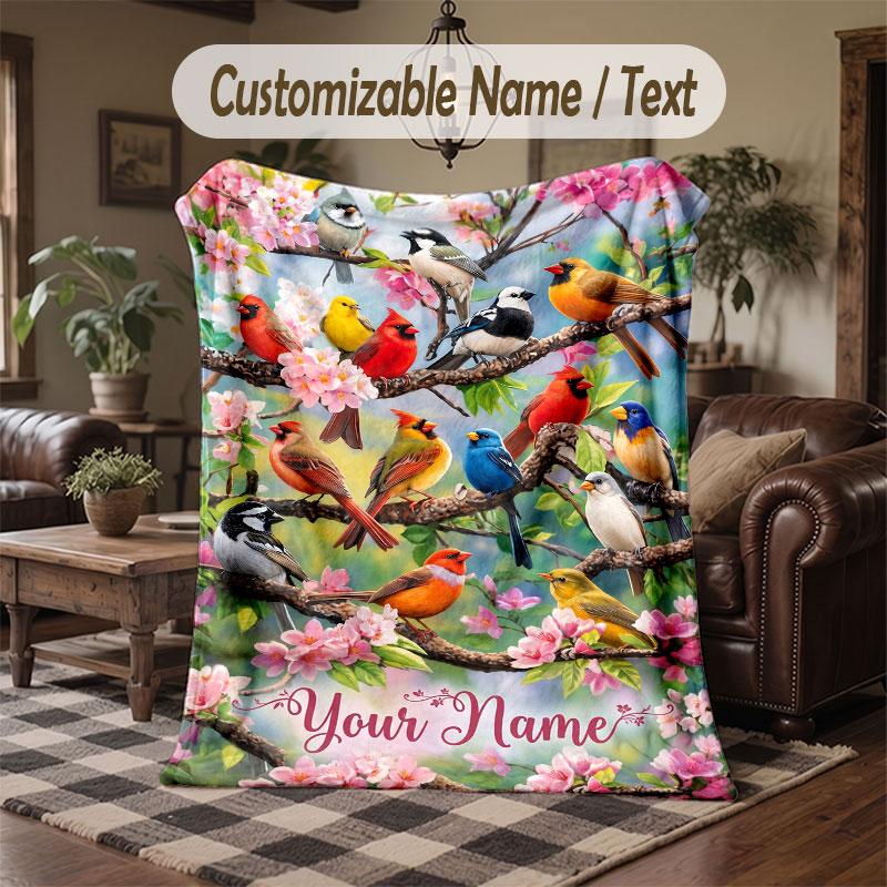 Birds Theme Throw Blanket Custom Name Text Personalized Blanket Soft Cozy Blanket for Home Sofa Bed