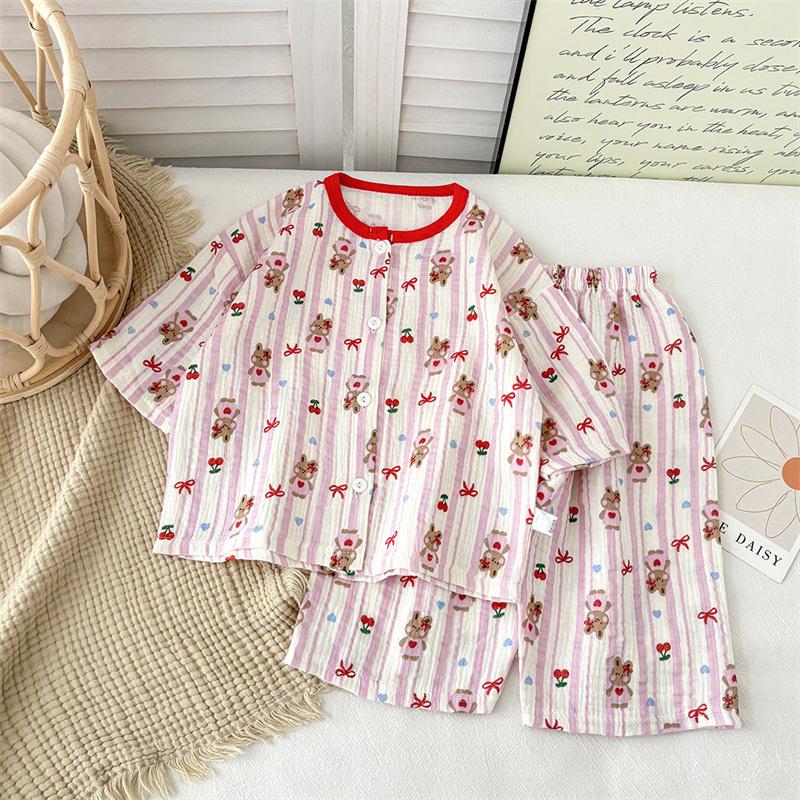 2026 Neues reines Baumwoll-Gaze-Schlafanzug-Set für Kinder für Frühling und Sommer Baumwollgarn Hauskleidung für Jungen und Mädchen