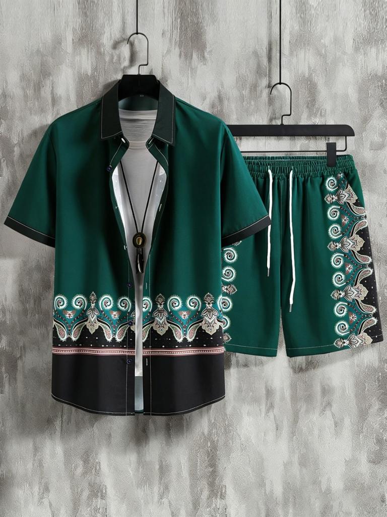 Men's Fashion Short-Sleeve Beach Shirt Set with Natural Plant 3D Print Shirt