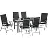7 Piece Garden Dining Set, Outdoor Table and 6 Folding and Reclining Chairs, Aluminium Frame, Tempered Glass Top Table, Texteline Seats, Black