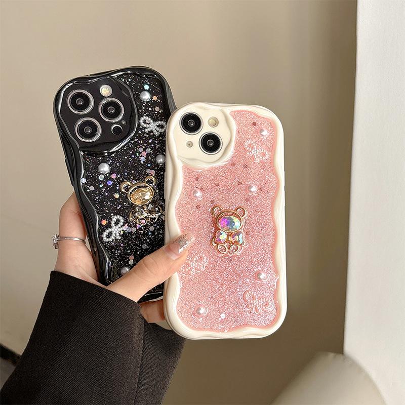 For Apple 17 Pro Diamond Bear Phone Case Light Luxury for IPhone 15 Plus Small Fragrant Style Ins Tie Sparkling Pink