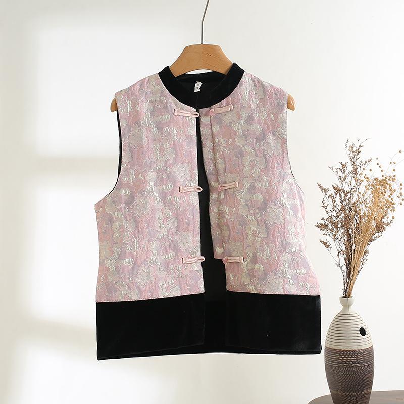 Early Spring 2025 Velvet Splicing Vest Retro Loose Crew Neck Jacquard Button Top