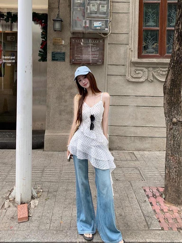 Women's Korean Polka Dot Ruffle Spaghetti Strap Dress - 2025 Autumn Seaside Vacation Style
