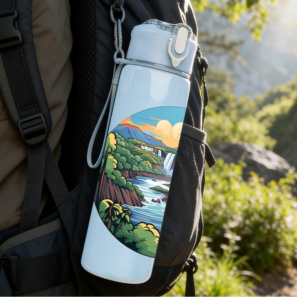 1PC Waterfall Mountain River Landscape Print 750ml Color Plastic Sports Water Bottle Leakproof Flip Straw Lid Suitable for Sports Office Home Use