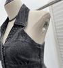 Women's Halter V-Neck Denim Vest: Body-Hugging, Elastic Back, Short, Sleeveless Top. Style 830.