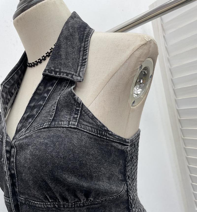 Women's Halter V-Neck Denim Vest: Body-Hugging, Elastic Back, Short, Sleeveless Top. Style 830.