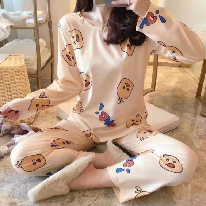 Women's Korean Smiley Face Cartoon Pajamas Set – Long-Sleeved Pullover & Trousers for Autumn/Winter
