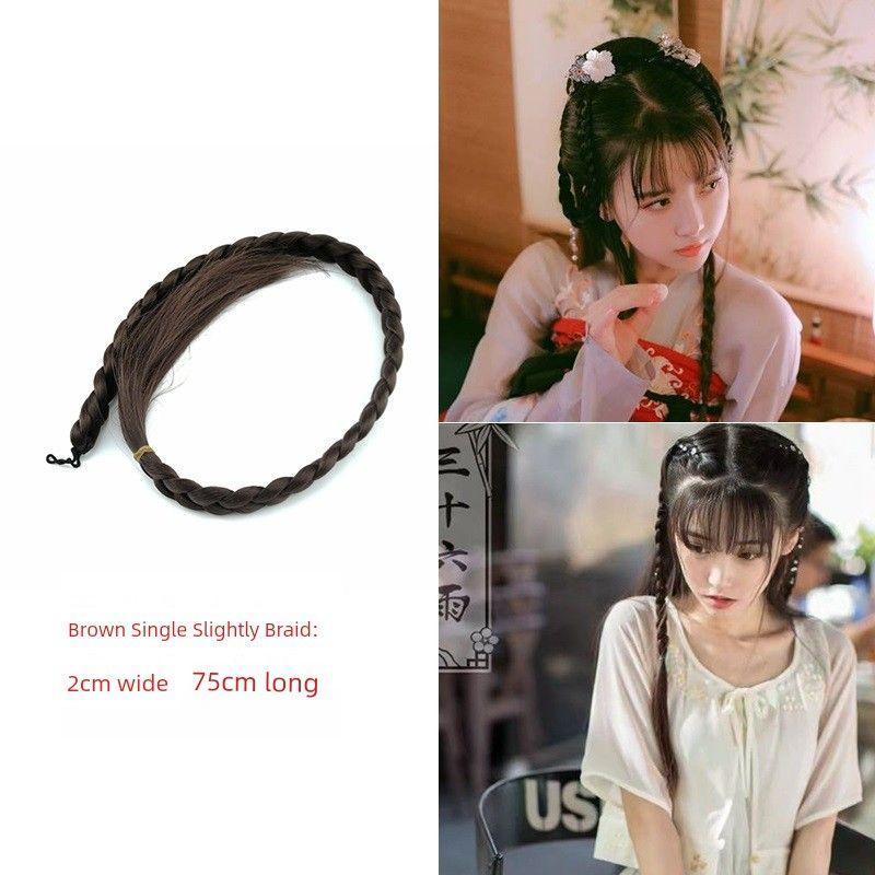 Ancient Costume Wig Double-Headed Twist Braid Republic of China Student Big Braid Chinese Bride Xiuhe Style Coiled Hair Wig Long Braid