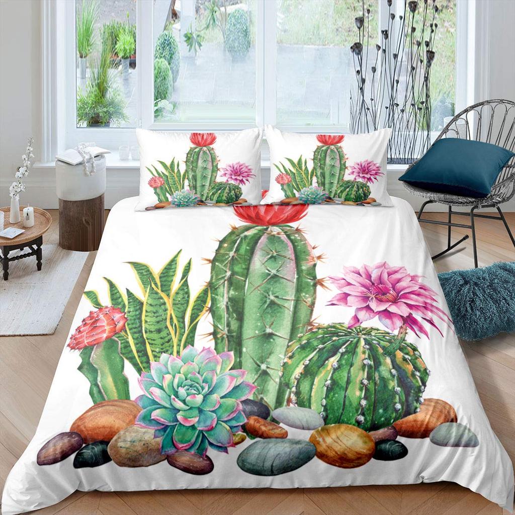 Green Cactus Bedding Sets 4 Pieces Soft Duvet Cover Set with Pillow Shames for Teen Girls Boys Men Women Bedroom Decor Vintage