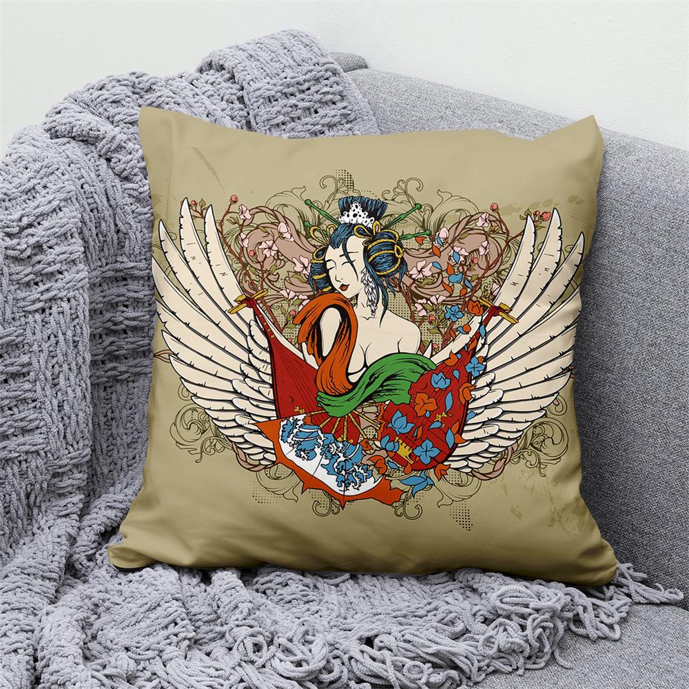Lucky Cat Japanese Style Sofa Bed Decorative Pillow Cover Home Decor Mount Fuji  Art Cushion