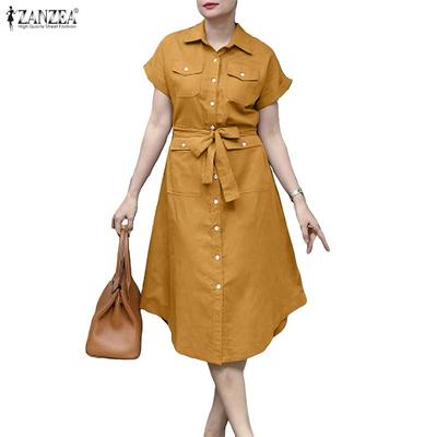 Women Casual Turn Down Collar Summer Short Sleeve Dress