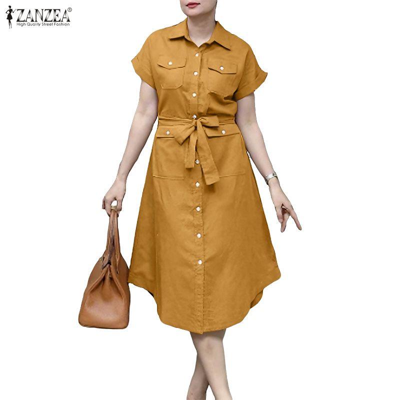 ZANZEA Vestido informal de verano de manga corta con cuello vuelto para mujer
