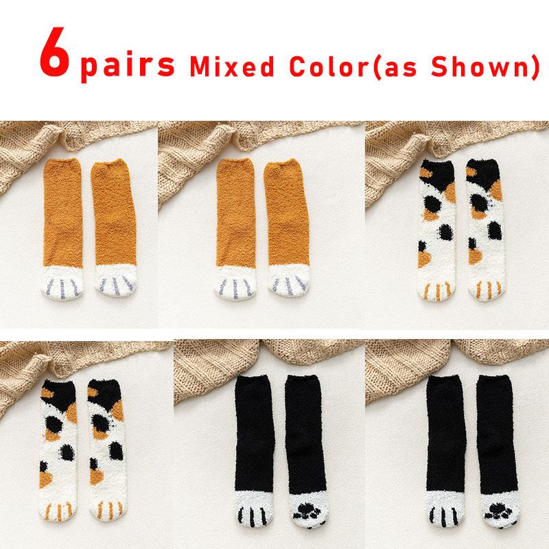 6 Pairs Woman Socks Set Cartoon Cute 3D Dog Cat Paw Pattern Winter Female Fleece Warm Home Floor Sleeping Thick Socks