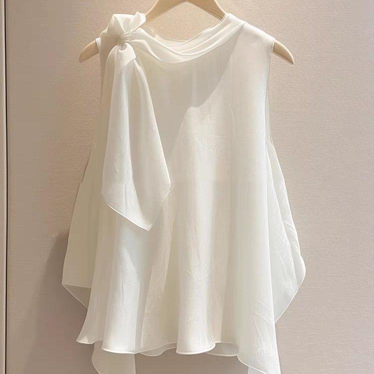 Bluză Albă Chic Franțuzesc Fără Mâneci cu Design cu Fundă Elegantă de Înaltă Calitate Cămașă de Modă Femei