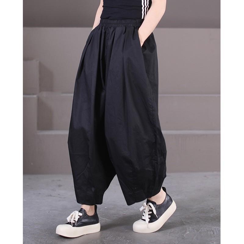 Spring and Summer 2025 New Korean Version Loose Large Size Literary Leggings Solid Color Elastic Waist Double Pocket Bloomers Women