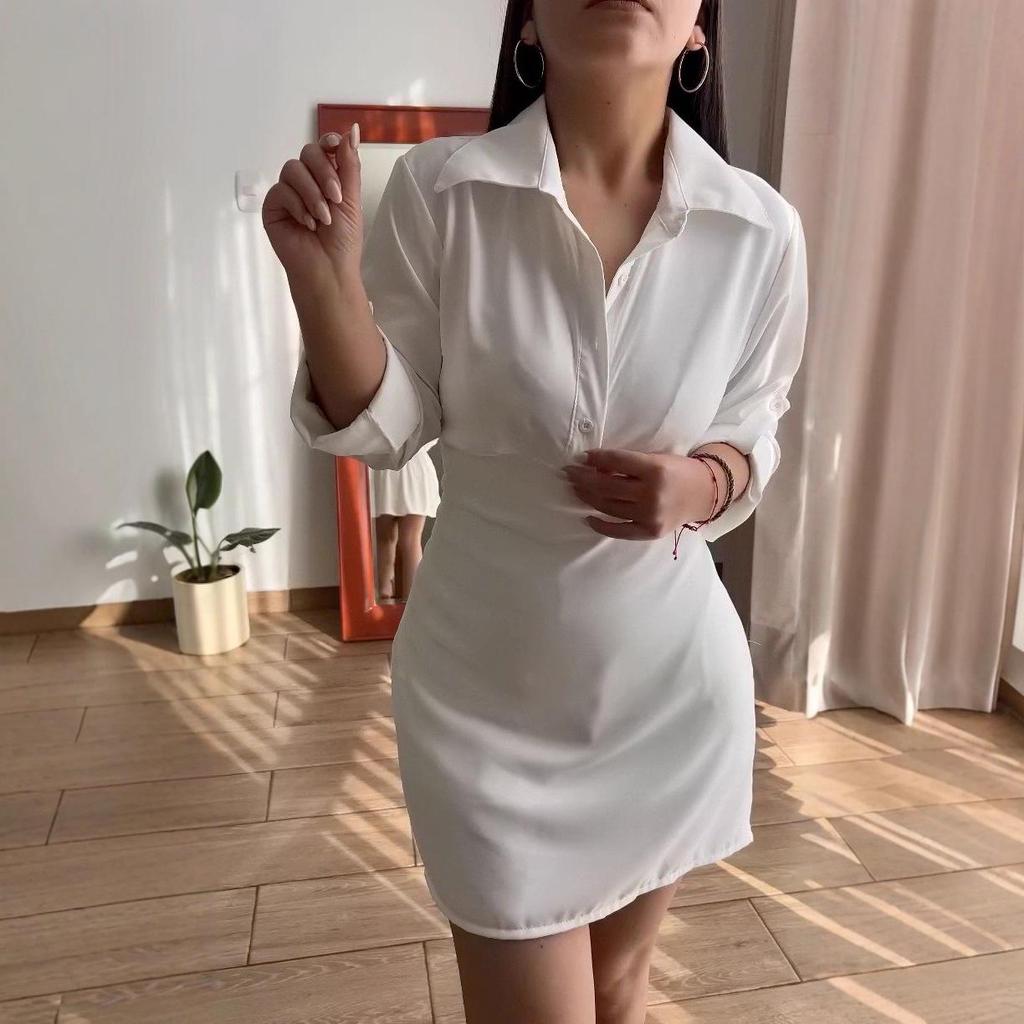European & American Women's Fashion: 2025 Autumn New Shirt Collar Long Sleeve Waist-Cinching Hip-Hugging Short Skirt