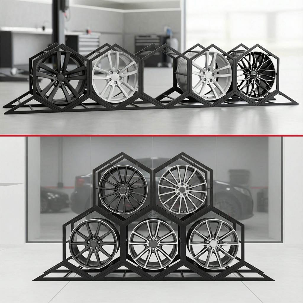 Adjustable Wall Mount Tire Rack for Garage Heavy Duty Triangle Hexagon Small Tire Display Rack for Exhibition Shop Trade Show