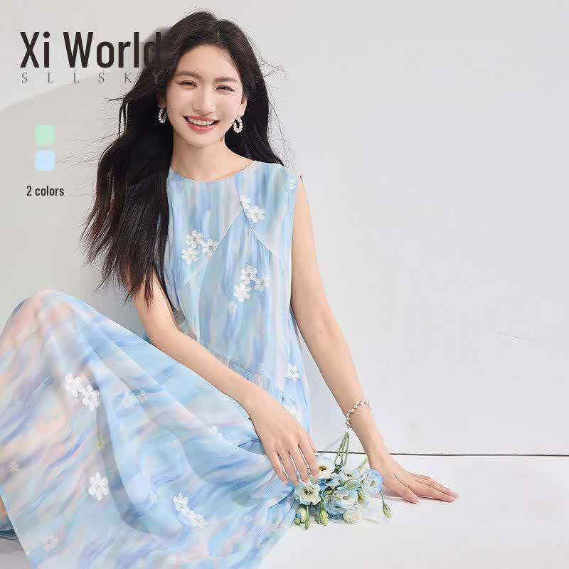 Sllsky Fantasy Gradient Embroidered Sleeveless Dress S