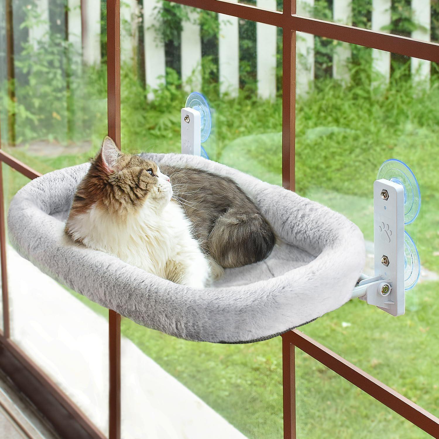 

Cat Hammock Window Nest Window Bed Side Sun Suction Cup Balcony Glass Cat Habitat Foldable Warm Bunny Plush Cat Bed Pet 30 52CM сірий колір