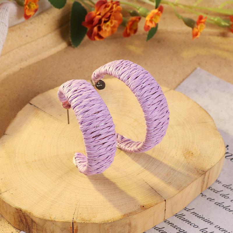 Niche design raffia C-shaped stud earrings exaggerated personality earrings colorful large circle wind women retro earrings tide