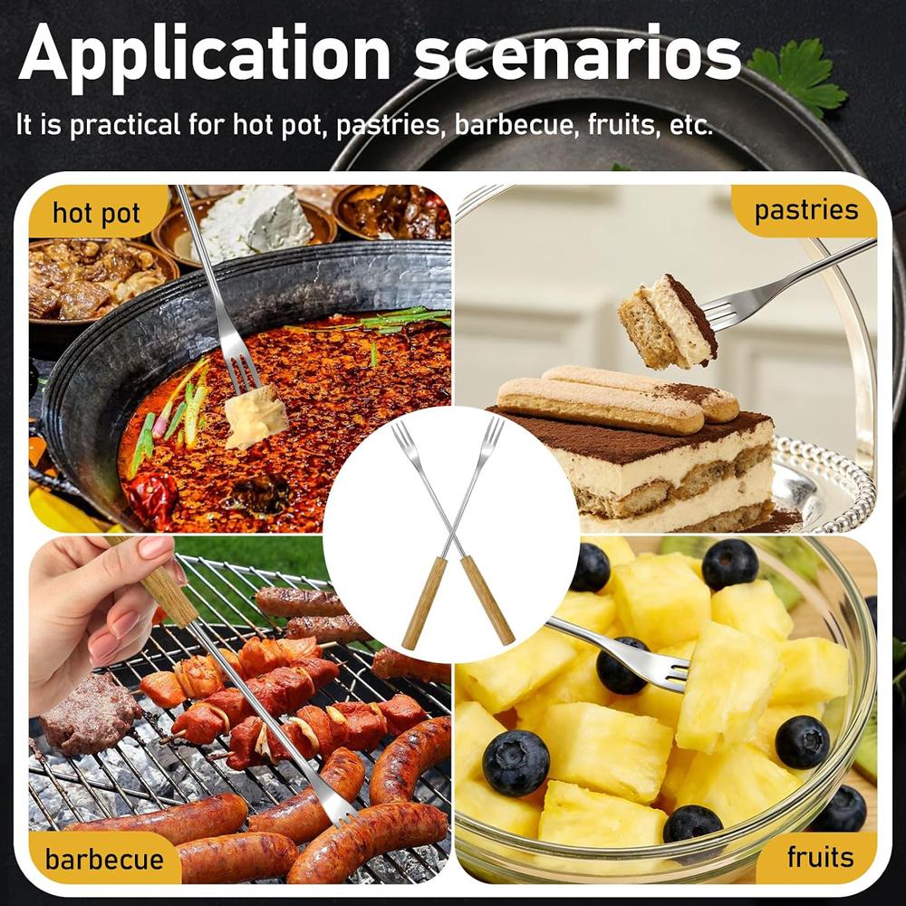 Stainless Steel Fondue Forks with Wooden Handle - Long Chocolate Cheese Fondue Dipping Tools Dessert Sticks for BBQ Marshmallows