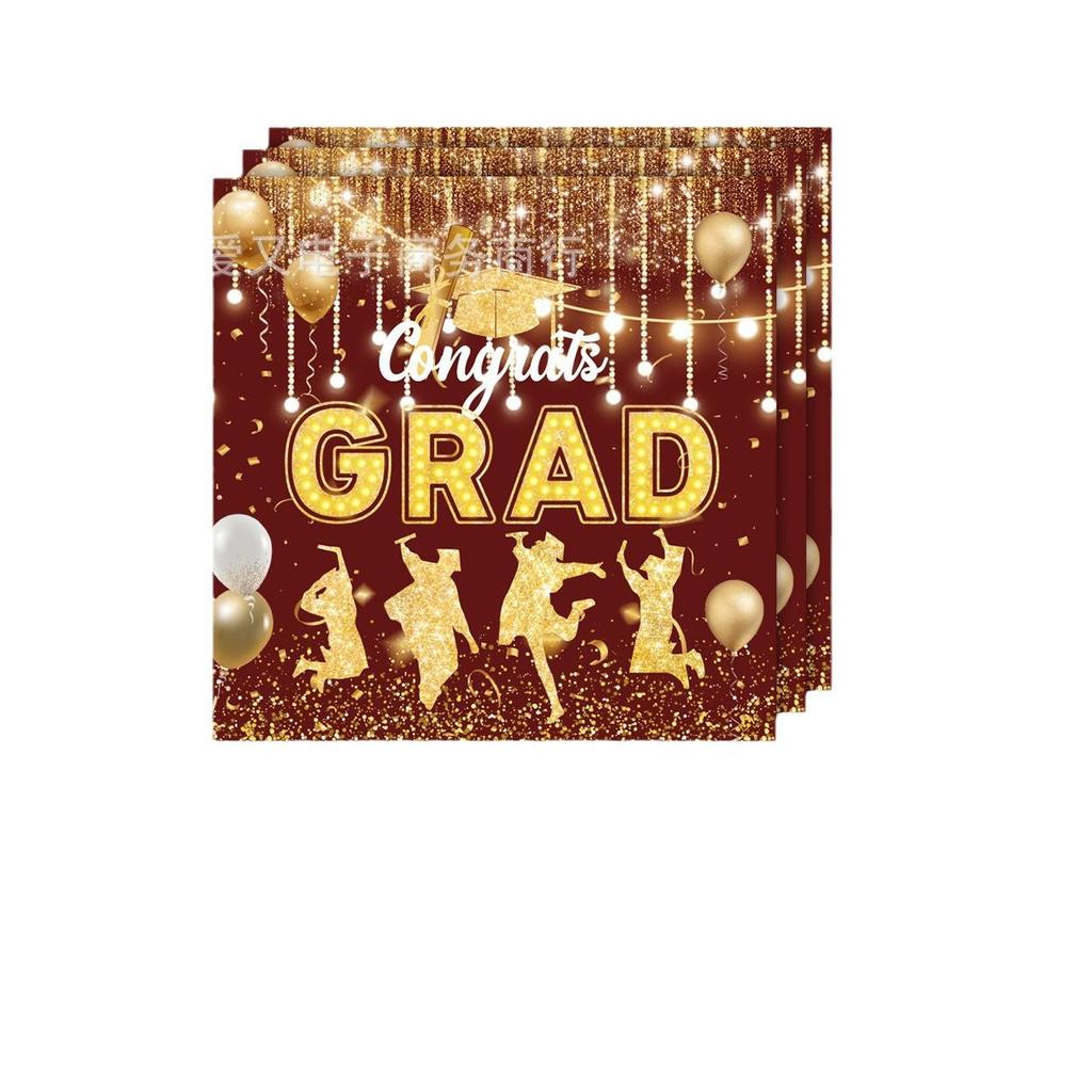 Graduation Party Disposable Tableware Set: Paper Plates, Cups, Banner, Tablecloth, and Knives. Perfect for University Graduation Celebrations.