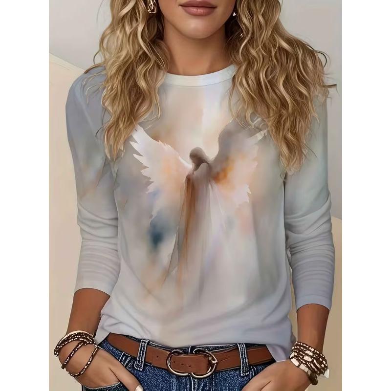 Autumn and Winter Ladies 3D Portrait Printing Crew Neck Long Sleeve T-Shirt