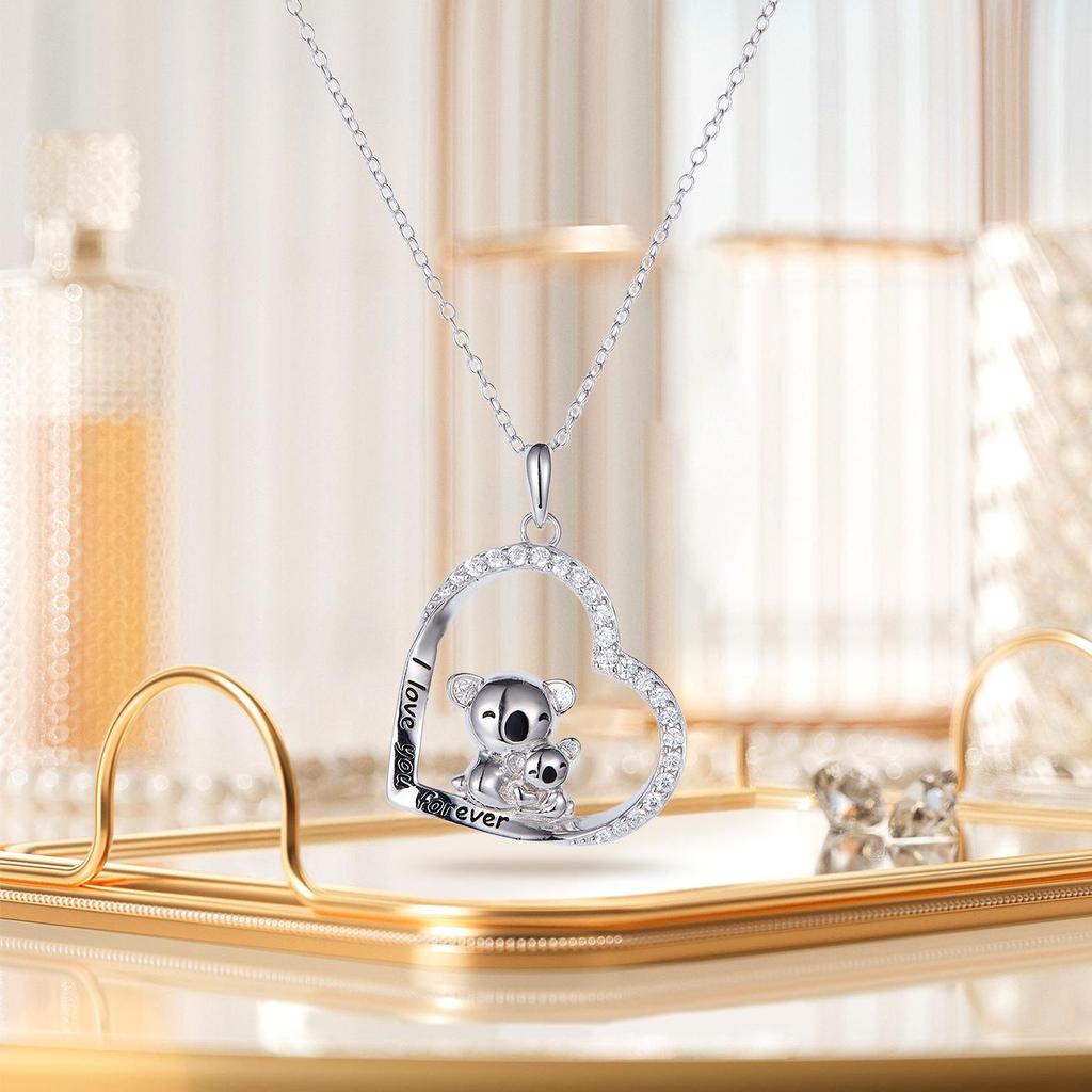 Koala Mother with Child Real Zircon Heart Pendant in Sterling Silver Mothers Day Gift
