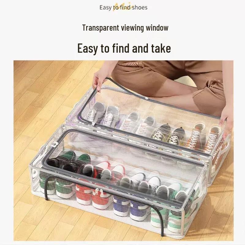 Transparent Folding Shoe Storage Box with Steel Frame and Under-Bed Design