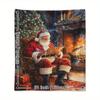 Christmas Santa Claus Holly Print Flannel Throw - Cozy Holiday Design Blanket for Naps Travel Home Decor, Festive Gift