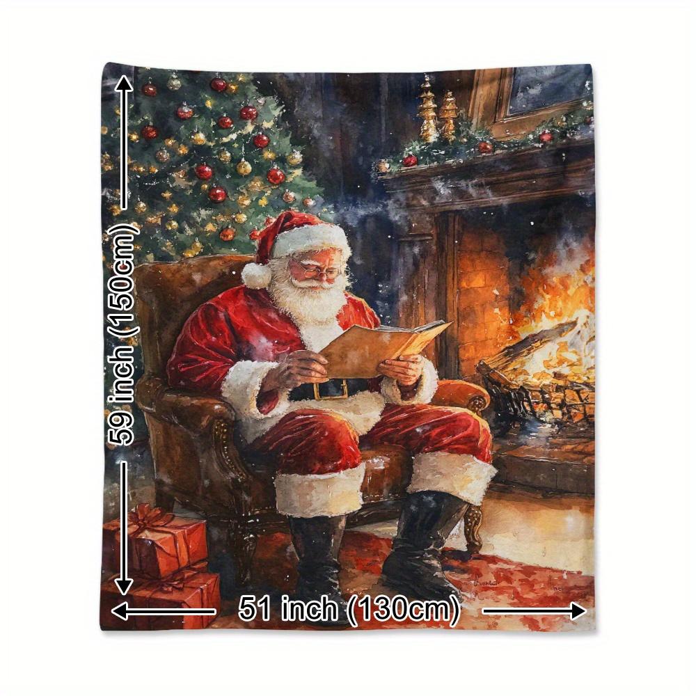 Christmas Santa Claus Holly Print Flannel Throw - Cozy Holiday Design Blanket for Naps Travel Home Decor, Festive Gift