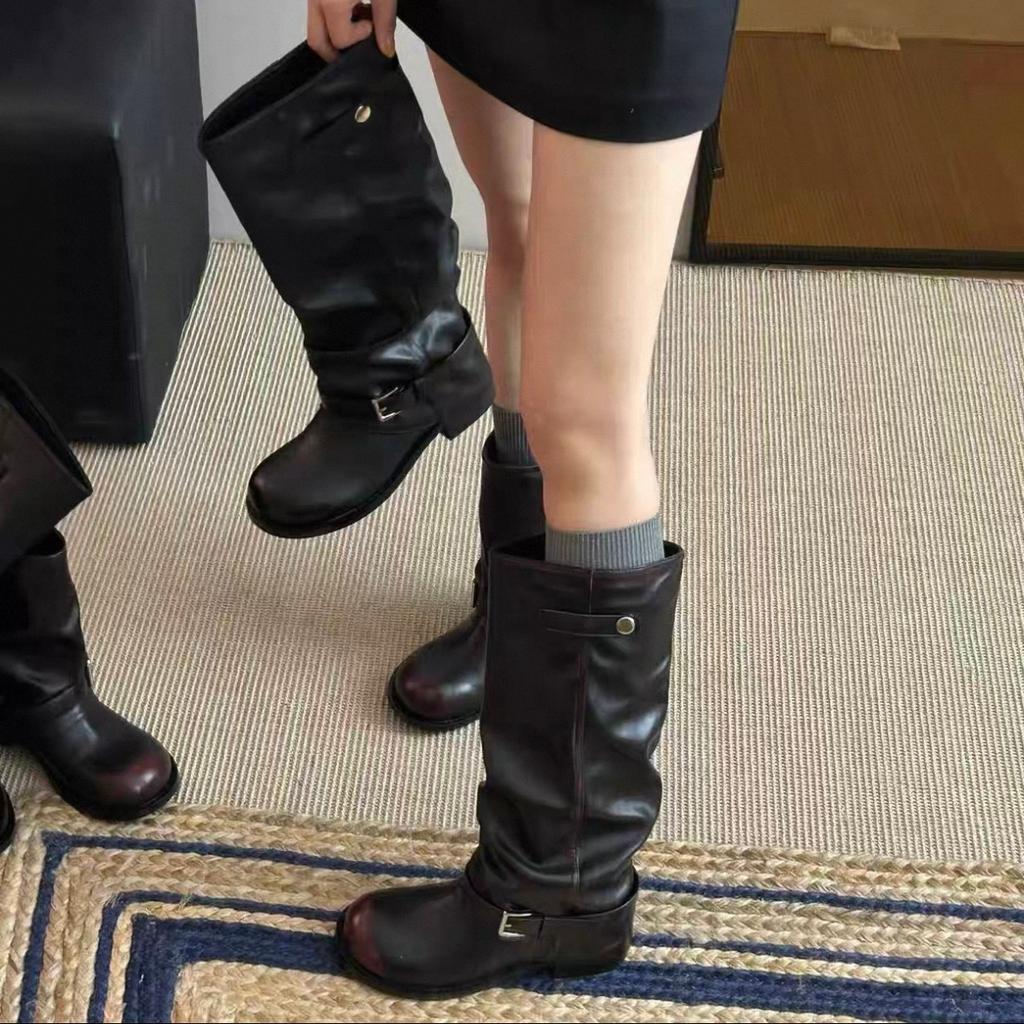 Cowhide version~ retro trousers fashion stacked short boots women's 2025 new thick heel pleated wasteland Martin boots