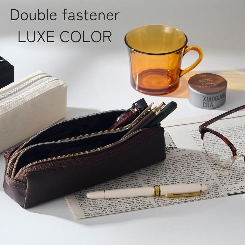 Raymay Fujii Pen Double Zipper Pen Luxe Dark Medium Size Case, Case, Color, Brown, (FY1334E)
