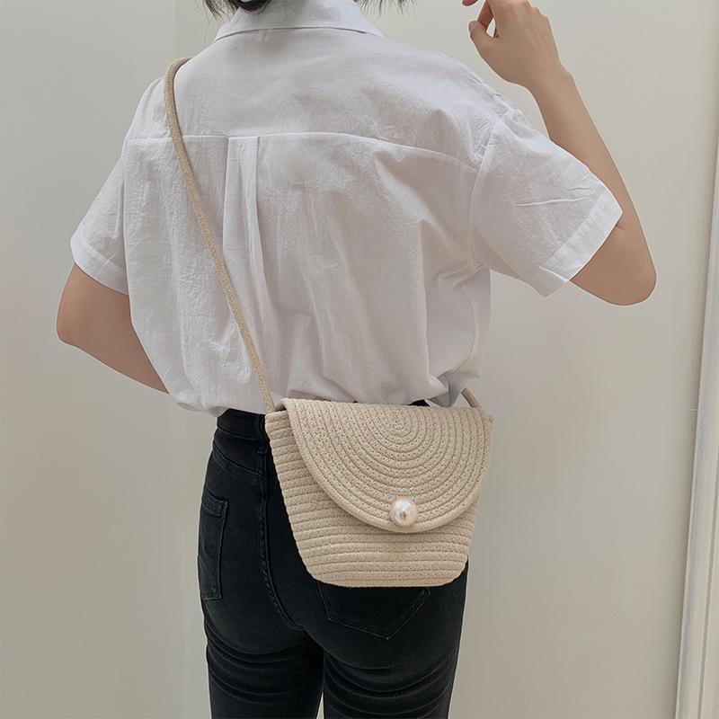 

Korean-Style Crossbody: Cotton Thread & Imitation Pearl Flap Straw Beach Bag for Women