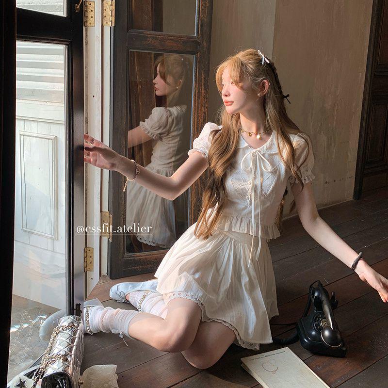 2026 Summer French Slim-fit Peter Pan Collar White Shirt and Embroidered Heart Skirt Set for Women