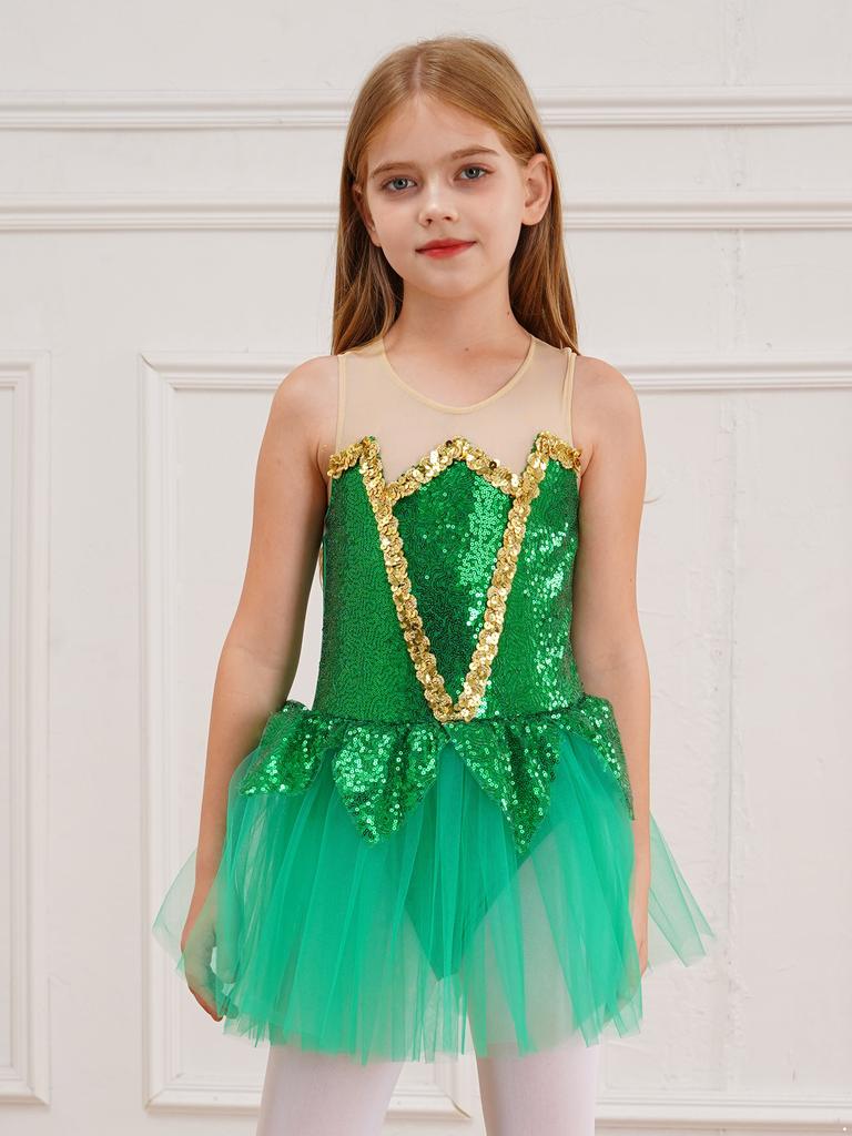 Girls Carnival Halloween Christmas Party Elf Cosplay Costume Sleeveless Princess Dress Tutu Tulle Skirt