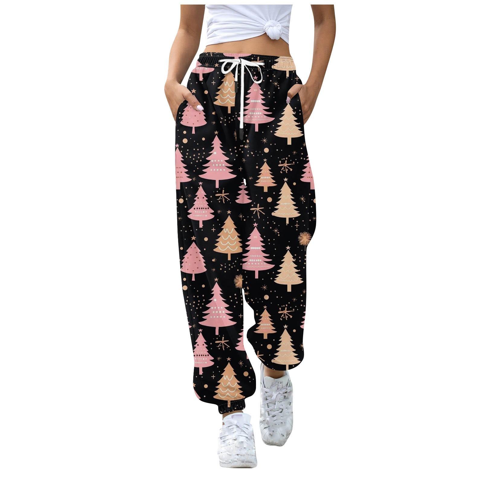 

Женские повседневные брюки для отдыха с рождественским принтом, спортивные брюки, брюки с эластичной резинкой на талии, брюки с завязками на шнурке L розовый
