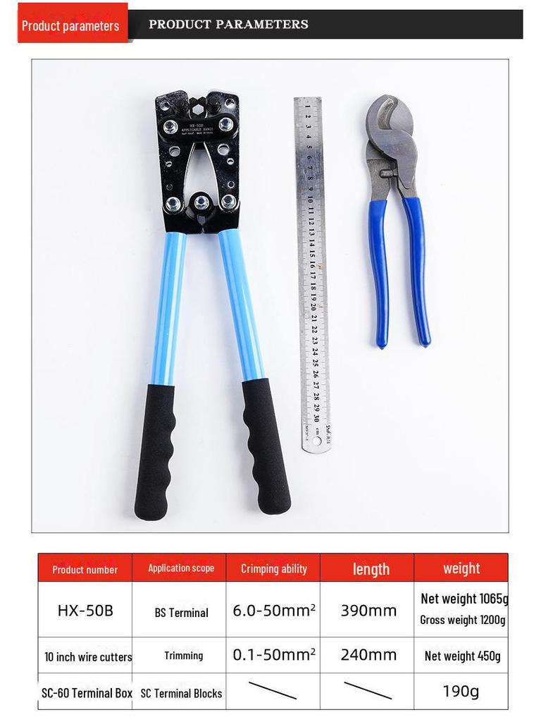 Large Copper & Aluminum Crimping Pliers Set with HX-50B Cable Cutter and Wire Stripper.