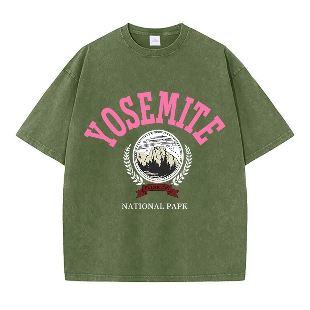 T-shirts Lavés en Coton pour Femmes Design Mode Yosemite National Impression Papk Hauts Col Rond Vêtements Décontractés Usés