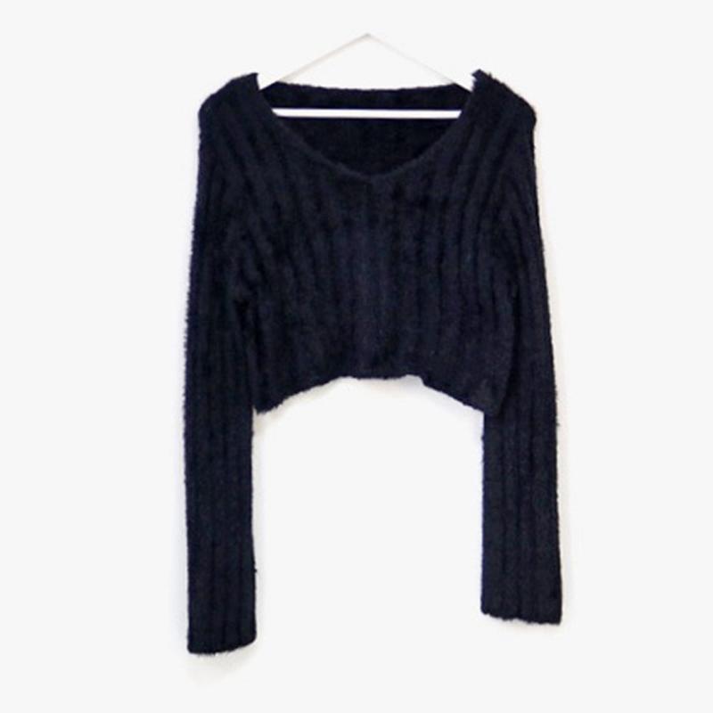 Ladies Autumn Winter Long Sleeve V Neck Solid Color Knitted Plush Blouse Sweater Top